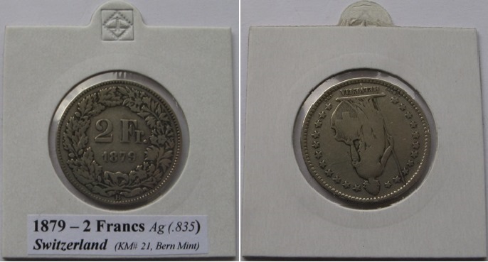  1879, Switzerland, 2 Francs, B, silver coin   