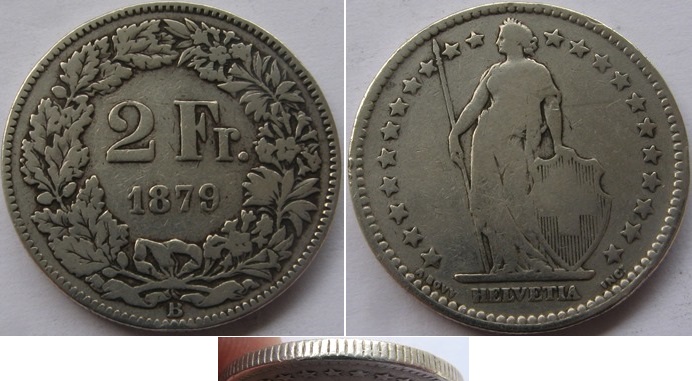  1879, Switzerland, 2 Francs, B, silver coin   