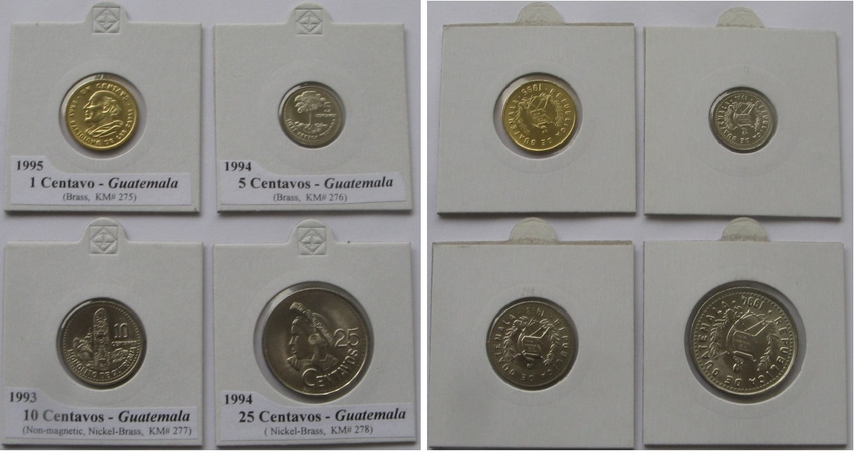  1993-1995, Guatemala, a set of 4 coins: 1-25 Centavos   