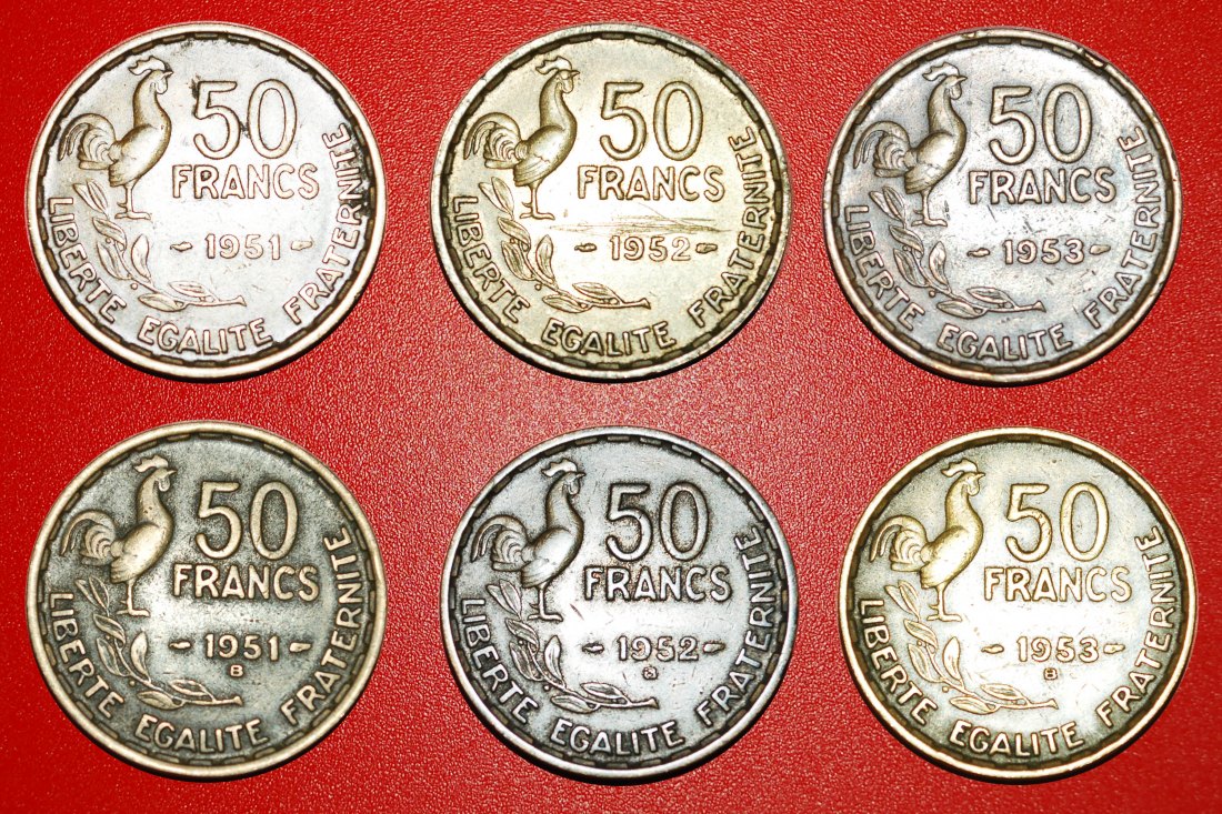  * COCK (1950-1958): FRANCE ★ 50 FRANCS COMPLETE SET 6 COINS 1951-1953!★LOW START ★ NO RESERVE!   