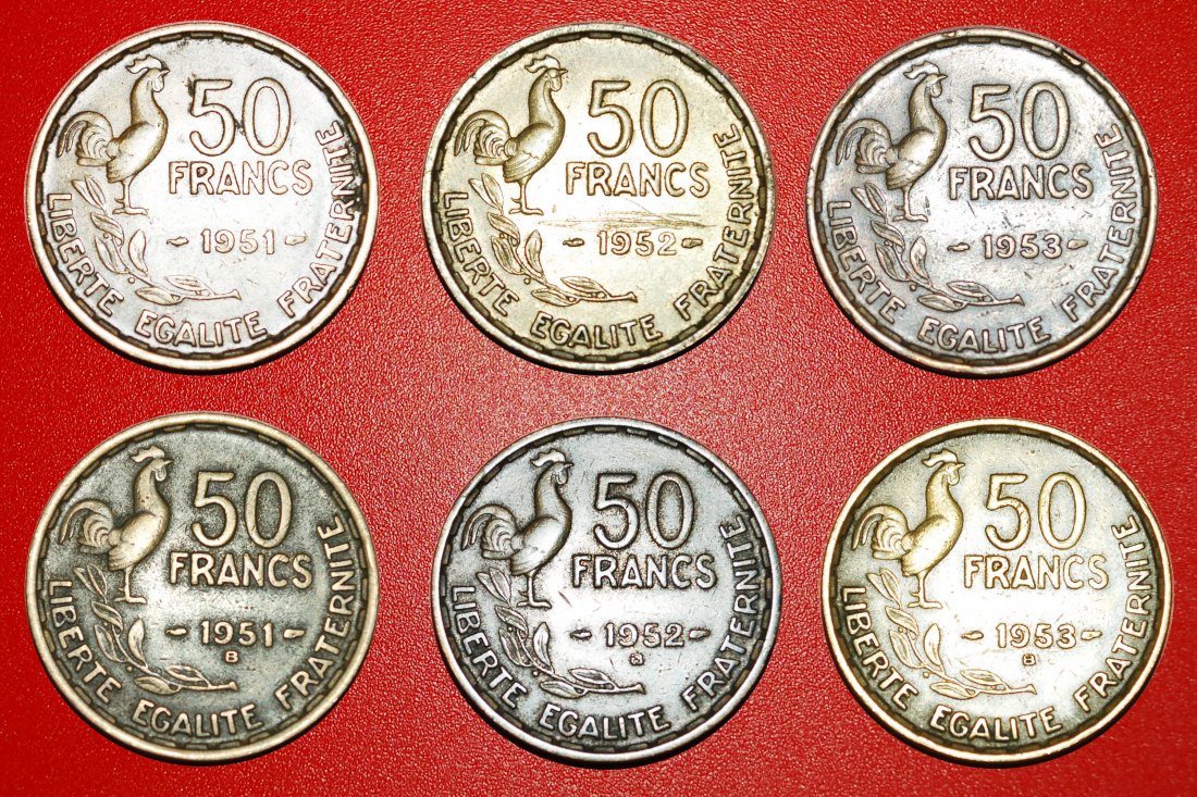  * HAHN (1950-1958): FRANKREICH ★ 50 FRANCS KOMPLETT-SET 6 MÜNZEN 1951-1953!★OHNE VORBEHALT!   