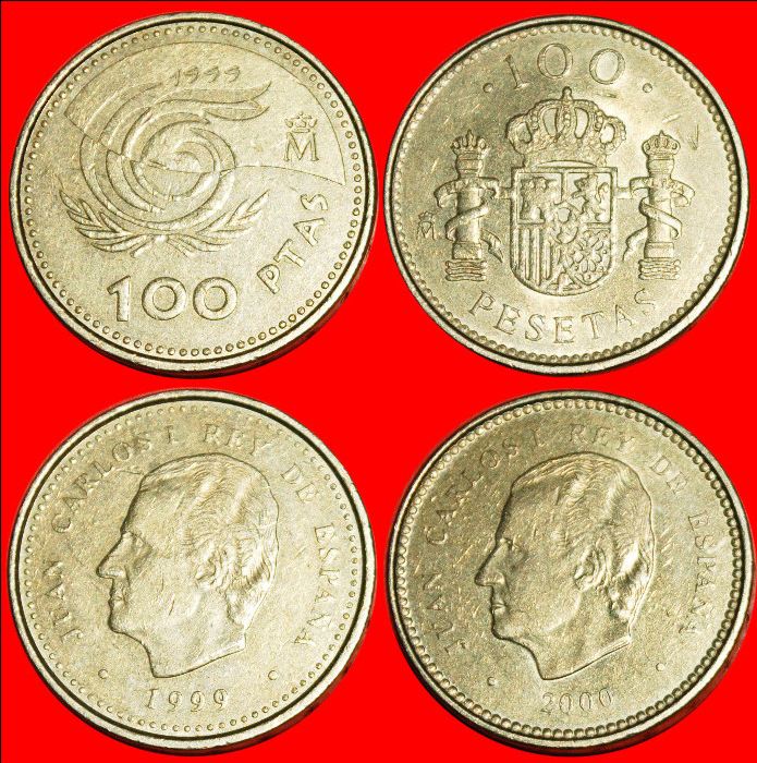  * SET 2 PRE-EURO COINS ★ SPAIN ★ 100 PESETAS 1999, 2000! LOW START ★ NO RESERVE!   