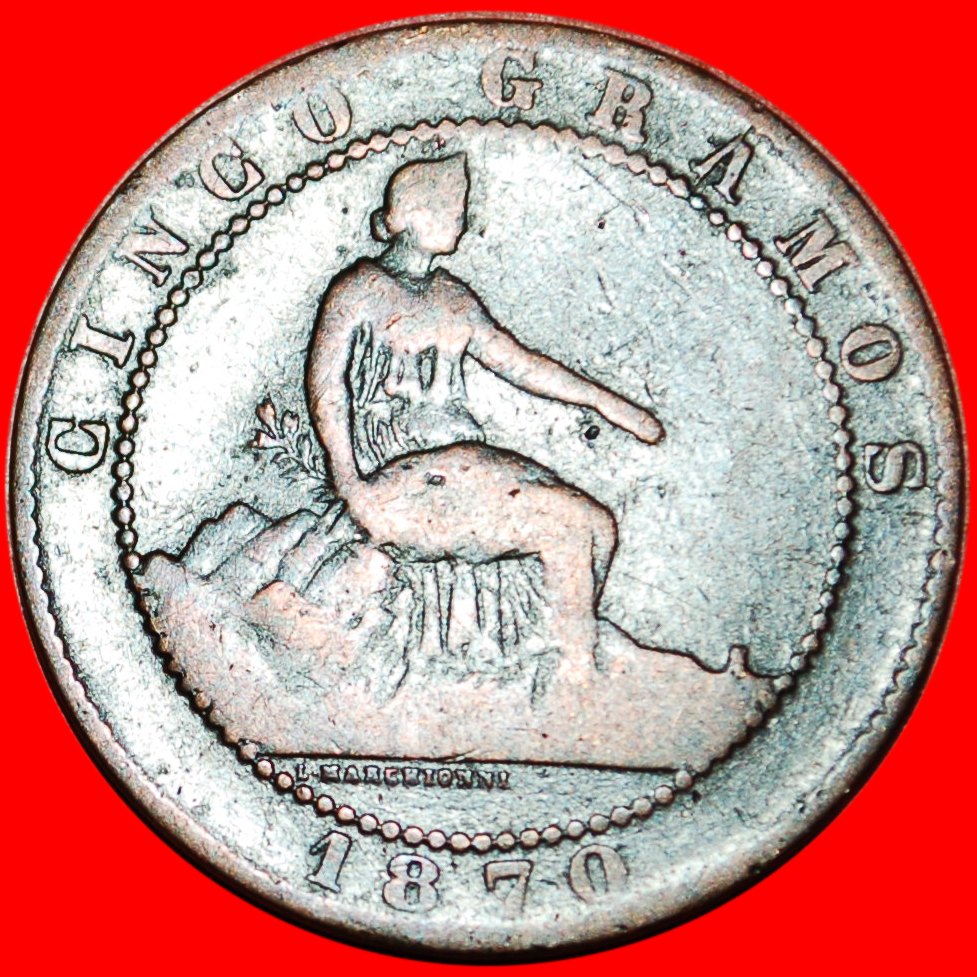  * REPUBLIC: SPAIN ★ 5 CENTIMOS 1870 OM! LOW START ★ NO RESERVE!   