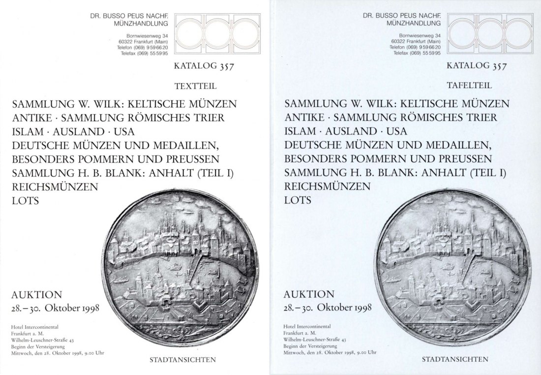  Busso Peus (Frankfurt) Auktion 357 (1998) Slg BLANK Anhalt Teil I / Kelten Slg Wilk ,Römisches Trier   