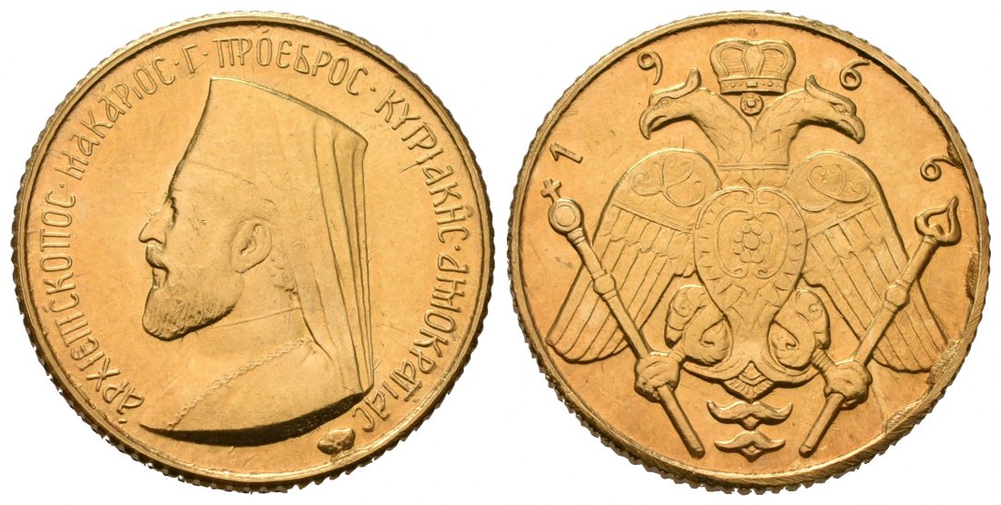 PEUS 7050 Zypern 7,32 g Feingold. Makarios III. (1959 - 1977) 1 Pound GOLD 1966 Kl. Kratzer, fast Vorzüglich