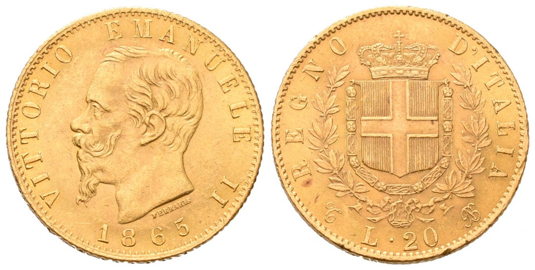 PEUS 7051 Italien Königreich 5,81 g Feingold. Vittorio Emanuelle II. (1849 - 1861) 20 Lire GOLD 1865 T BN Kl. Kratzer, fast Vorzüglich