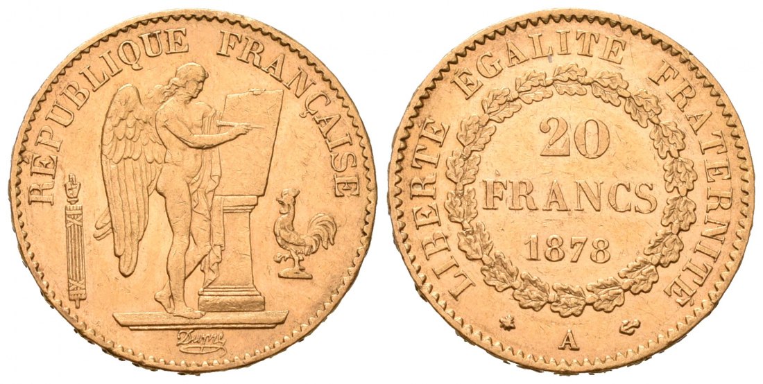 PEUS 7052 Frankreich 5,81 g Feingold 20 Francs GOLD 1878 A Kl. Kratzer, Sehr schön