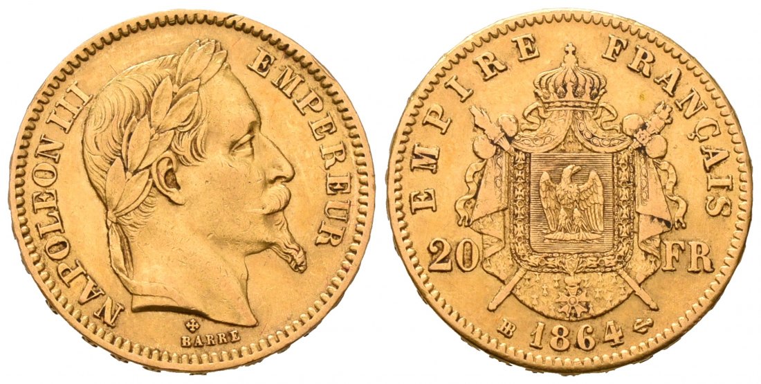 PEUS 7053 Frankreich 5,81 g Feingold. Napoleon III. (1852-1870) 20 Francs GOLD 1864 BB Straßbur Sehr schön