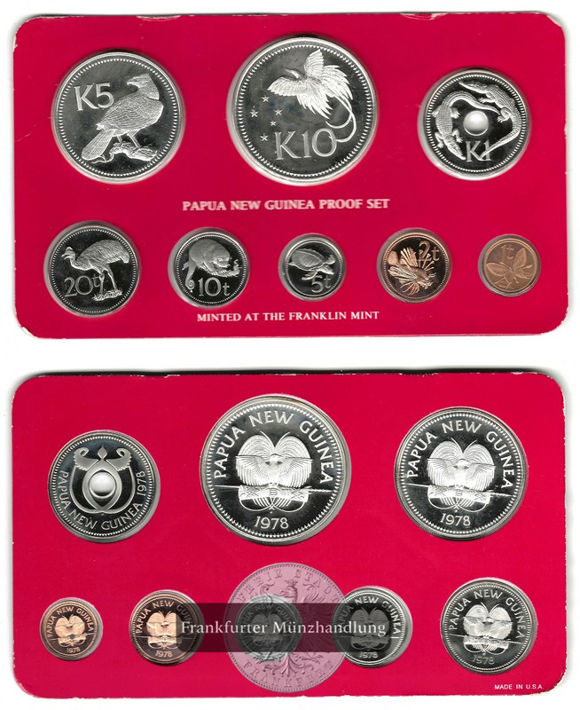  Papua-Neuguinea  Münzensatz 10 Kina - 1 Toea  1978  FM-Frankfurt  Feinsilber: 52,28g   