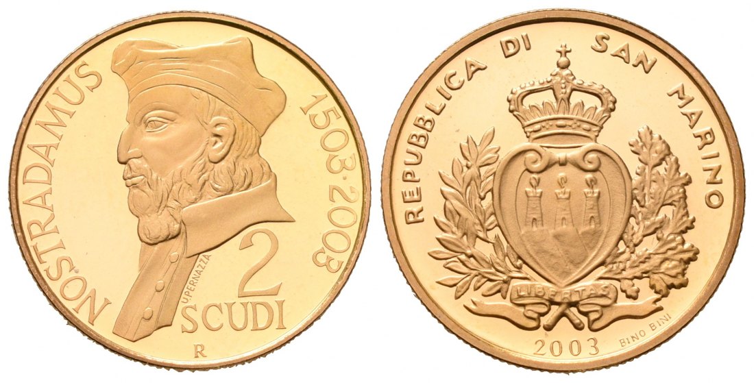 PEUS 7056 San Marino 5,8 g Feingold. Nostradamus 2 Scudi GOLD 2003 Proof (Kapsel)
