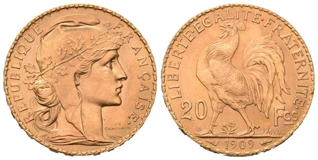 PEUS 7058 Frankreich 5,81 g Feingold. Marianne 20 Francs GOLD 1909 Kl. Kratzer, Vorzüglich