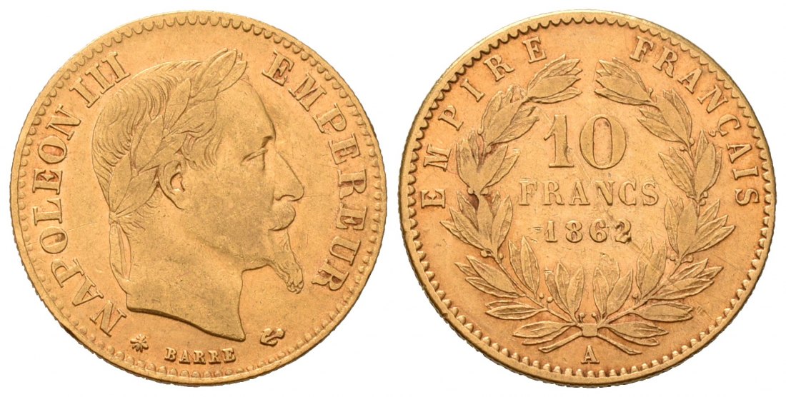 PEUS 7061 Frankreich 2,90 g Feingold. Napoleon III. (1852-1870) 10 Francs GOLD 1862 A Paris Kratzer, Sehr schön