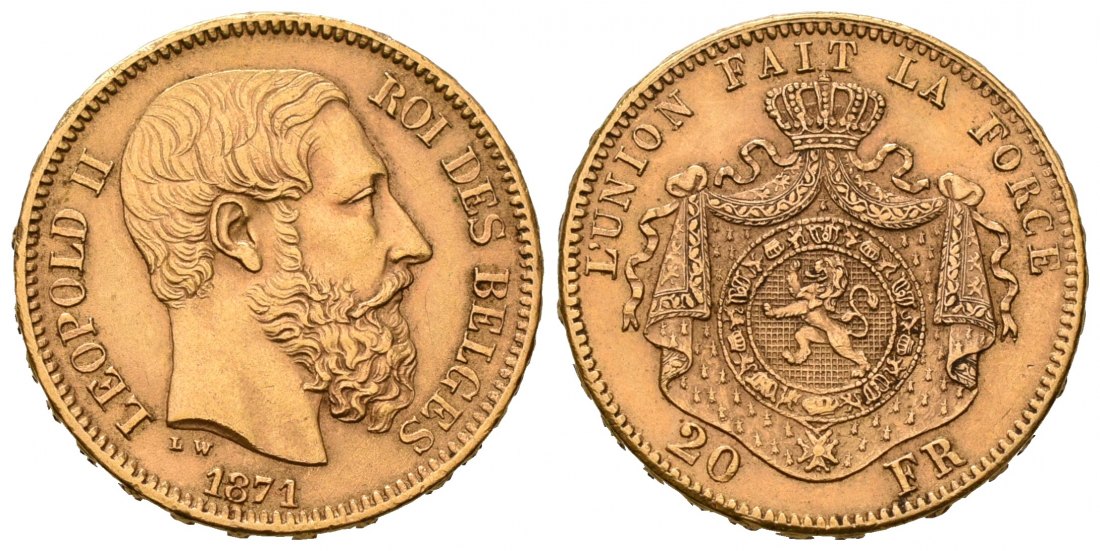 PEUS 7062 Belgien 5,81 g Feingold. Leopold II. (1865-1909) 20 Francs GOLD 1871 Sehr schön
