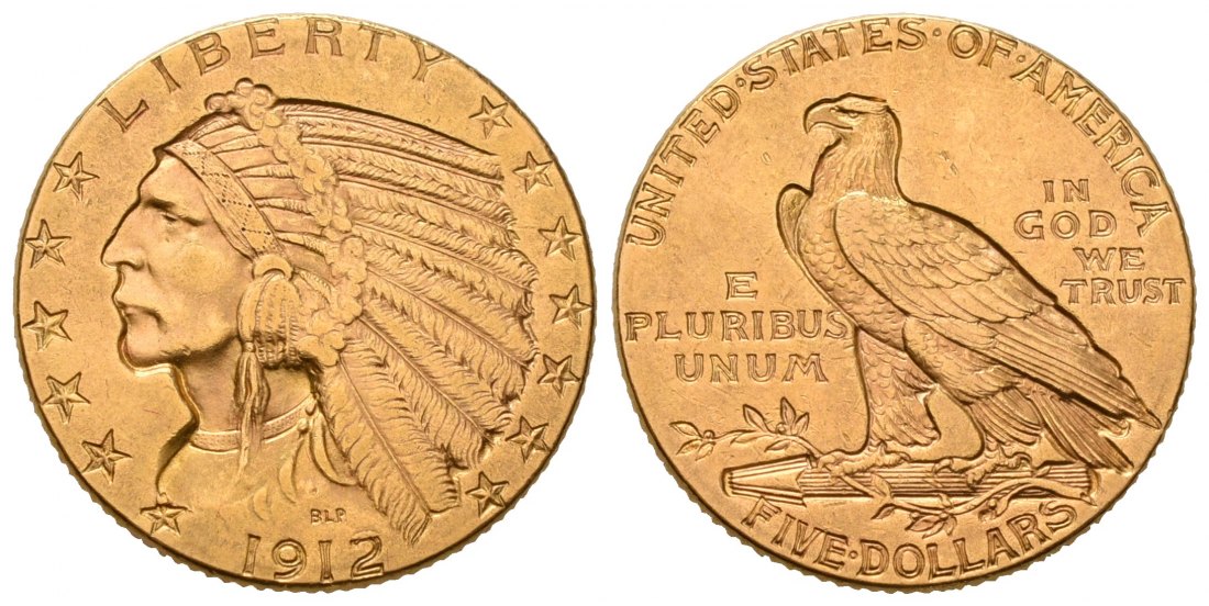 PEUS 7063 USA 7,52 g Feingold. Indian Head 5 Dollars GOLD 1912 Sehr schön +