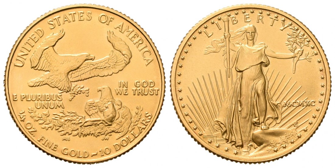 PEUS 7064 USA 7,78 g Feingold. 10 Dollars GOLD 1/4 Unze 1990 Fast Stempelglanz