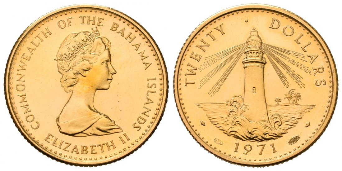 PEUS 7067 Bahamas 7,32 g Feingold. Leuchtturm 20 Dollars GOLD 1971 Proof (Kapsel)
