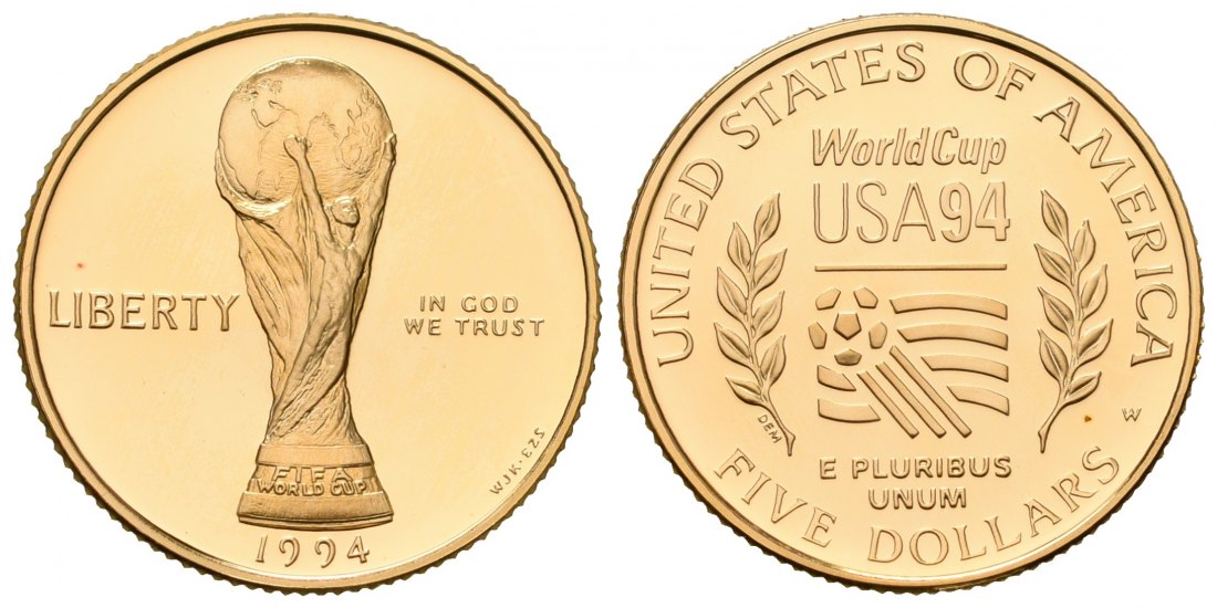 PEUS 7068 USA 7,52 g Feingold. FIFA World Cup 5 Dollars GOLD 1994 W Uncirculated (Kapsel)