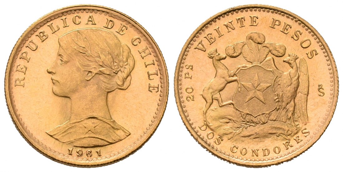 PEUS 7069 Chile 3,66 g Feingold 20 Pesos GOLD 1961 Kl. Kratzer, Vorzüglich