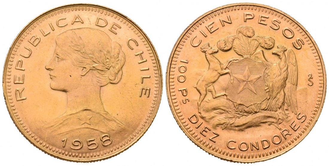 PEUS 7070 Chile 18,31 g Feingold 100 Pesos GOLD 1958 Fast Stempelglanz