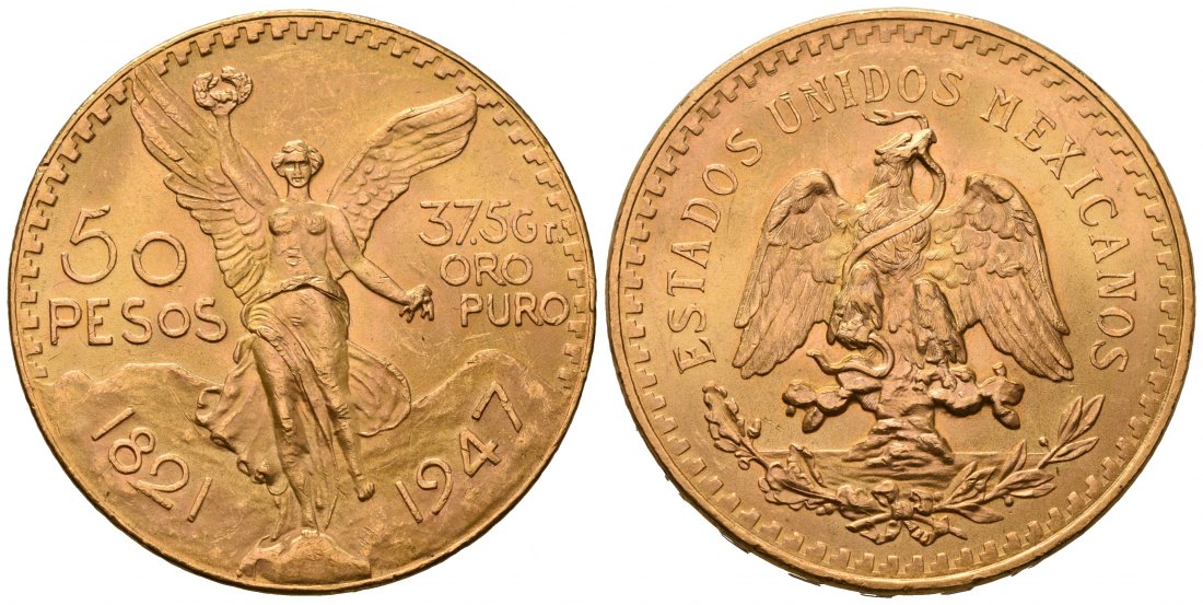 PEUS 7071 Mexiko 37,5 g Feingold. 50 Pesos GOLD 1947 Kl. Kratzer, Vorzüglich +
