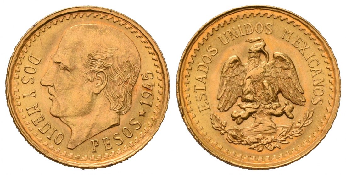 PEUS 7073 Mexiko 1,88 g Feingold. Miguel Hidalgo y Costilla 2 1/2 Pesos GOLD 1945 Fast Stempelglanz