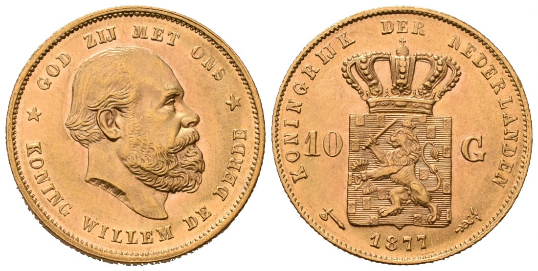 PEUS 7078 Niederlande 6,06 g Feingold. Wilhelm III. (1849 - 1890) 10 Gulden GOLD 1877 Winzige Kratzer, fast Stempelglanz