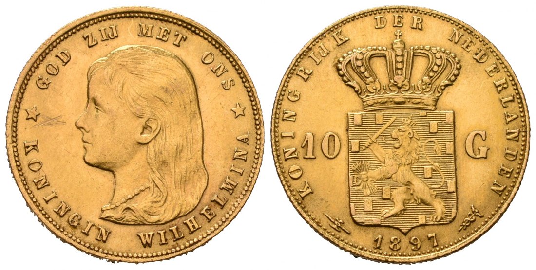 PEUS 7079 Niederlande 6,06 g Feingold. Wilhelmina III. (1890 - 1948) 10 Gulden GOLD 1897 Kratzer, fast Vorzüglich