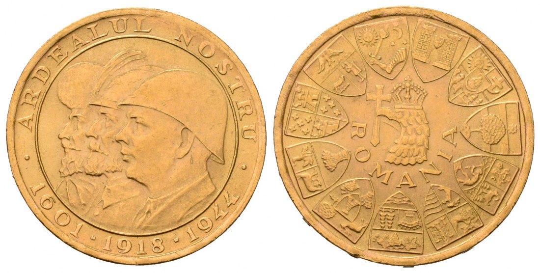 PEUS 7082 Rumänien 5,9 g Feingold. Wiedereingliederung Siebenbürgens 20 Lei GOLD 1944 Kl. Kratzer, Vorzüglich