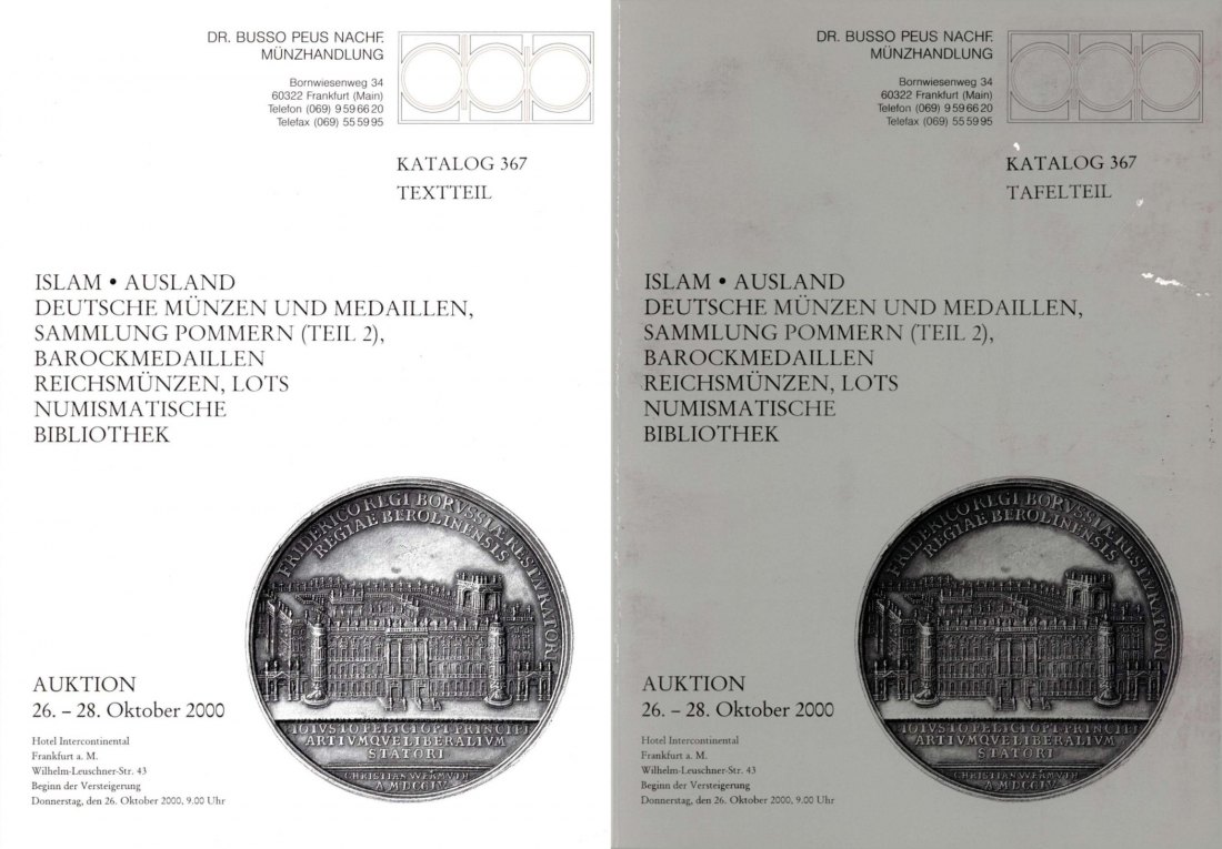  Busso Peus (Frankfurt) Auktion 367 (2000) Sammlung Pommern (Teil 2) ,Barockmedaillen ,Reichsmünzen   