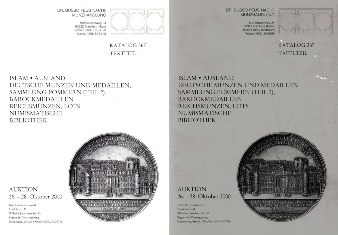 Busso Peus (Frankfurt) Auktion 367 (2000) Sammlung Pommern (Teil 2) ,Barockmedaillen ,Reichsmünzen