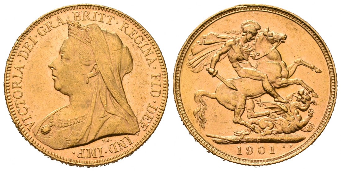 PEUS 7094 Grossbritannien / Australien 7,32 g Feingold. Victoria (1837 - 1901) mit Witwenschleier Sovereign GOLD 1901 P (Perth) Randfehler, Sehr schön