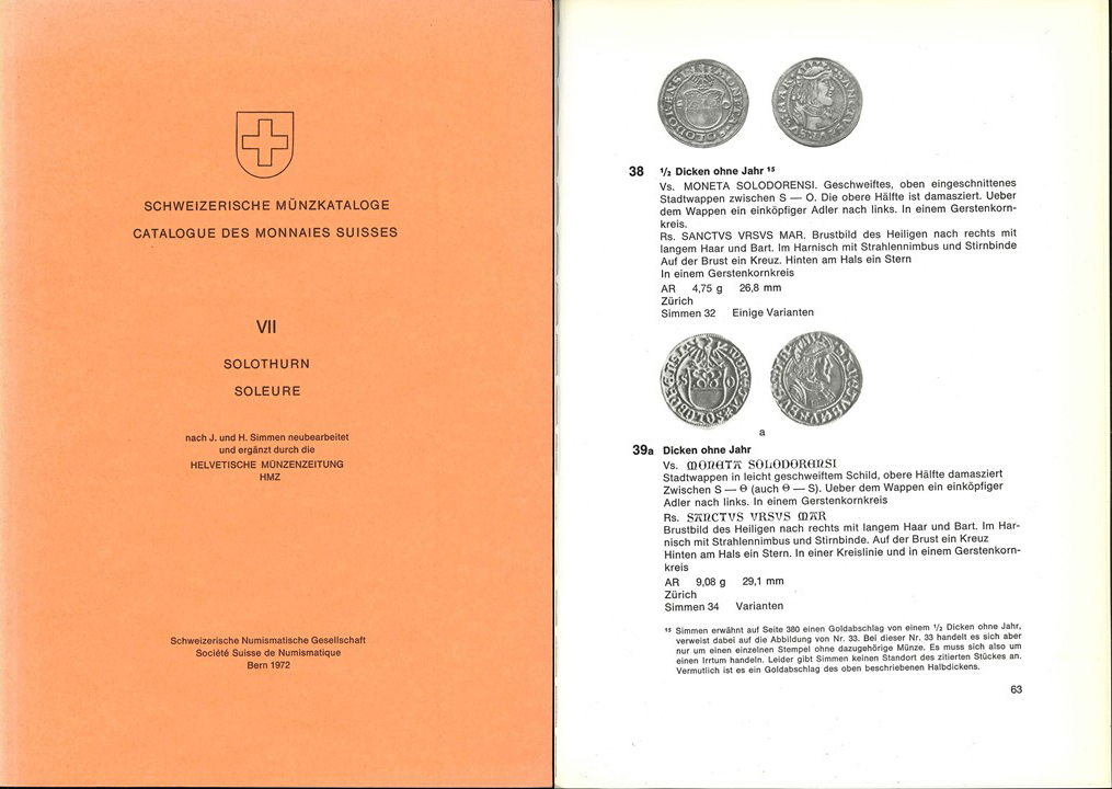  J. und H. Simmen; Schweizerische Münzkataloge VII; Bern 1972   