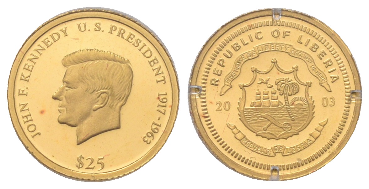 PEUS 7098 Liberia 0,7 g Feingold. John F. Kennedy 25 Dollars GOLD 2003 Proof (Kapsel)