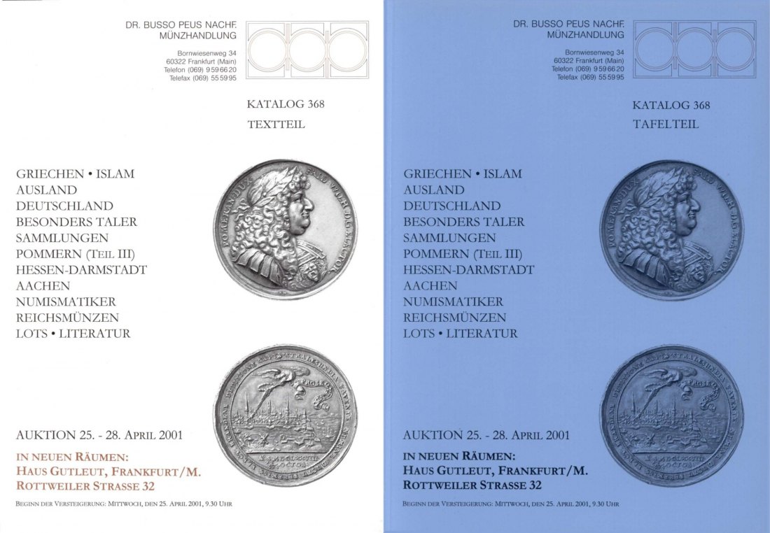 Busso Peus (Frankfurt) Auktion 368 (2001) Sammlung Pommern (Teil 3) ,Hessen-Darmstadt, Aachen