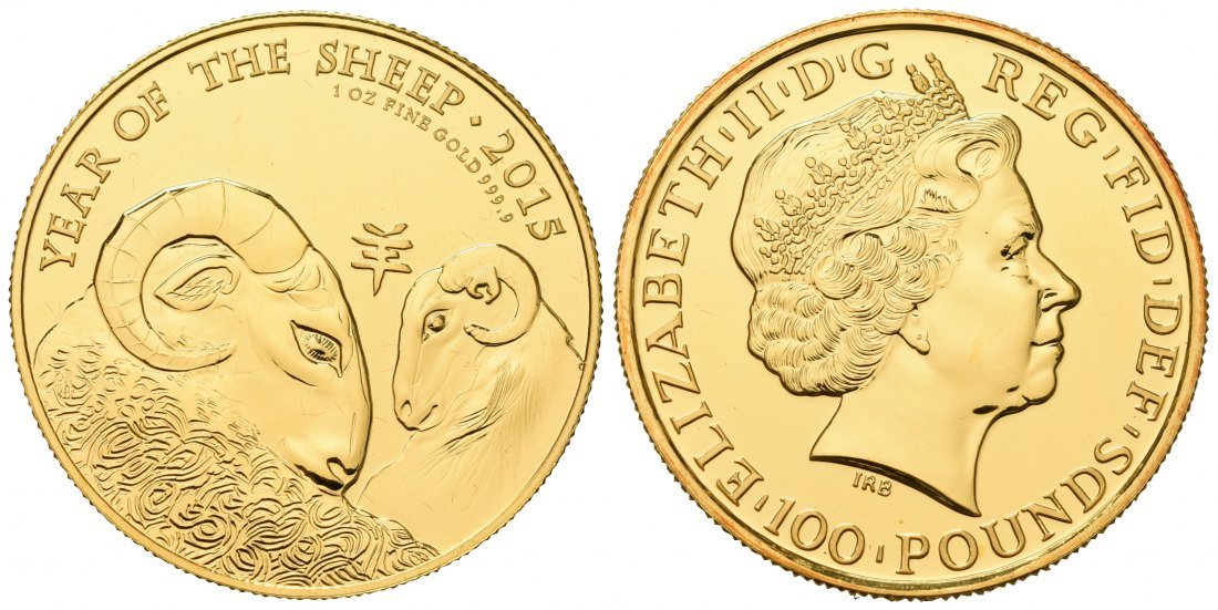PEUS 7099 UK Großbritannien 31,1 g Feingold. Lunar Serie - Jahr der Ziege 100 Pounds GOLD Unze 2015 Uncirculated