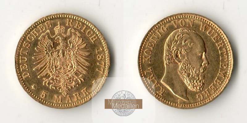 Württemberg Kaiserreich 5 Mark MM-Frankfurt Feingold: 1,79g Karl 1864-1891 1877 F 