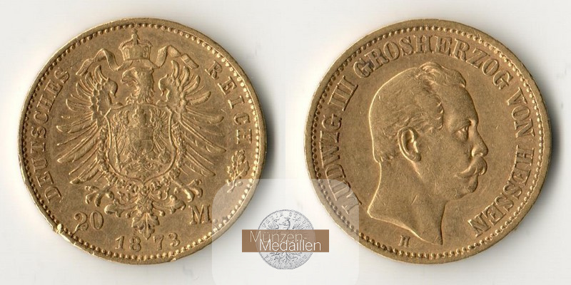 Hessen, Kaiserreich  20 Mark MM-Frankfurt Feingold: 7,17g Ludwig III. 1873 H 