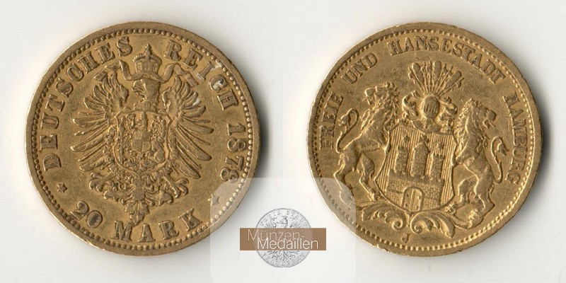 Hamburg, Kaiserreich MM-Frankfurt Feingold: 7,17g 20 Mark 1878 J 