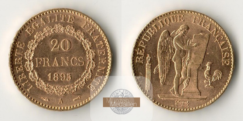 Frankreich MM-Frankfurt Feingold: 5,81g 20 Francs 1895 A 