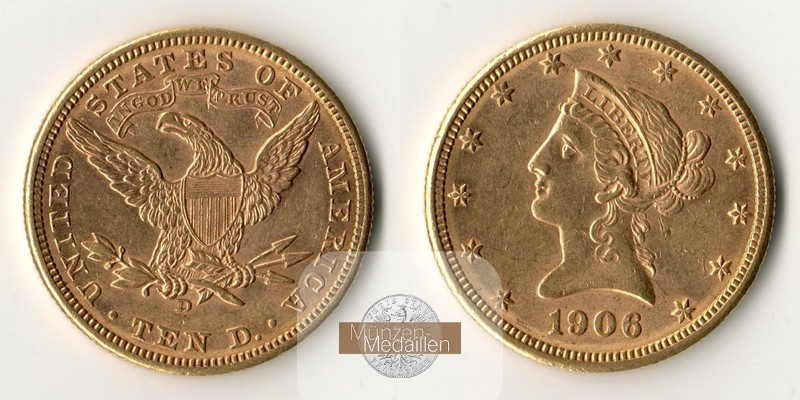 USA  10 Dollar  1906 MM-Frankfurt Feingold: 15,05g Kopf mit Krone  