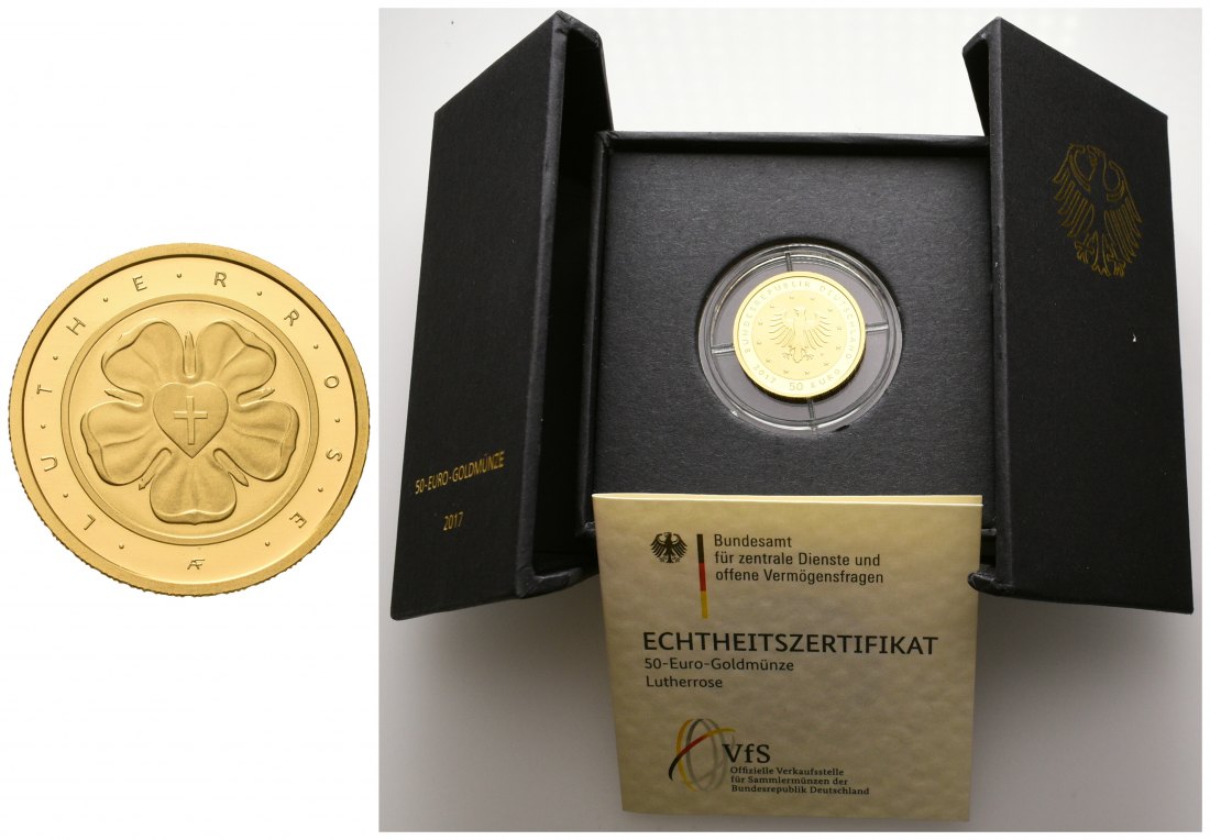 PEUS 7013 BRD 7,78 g Feingold. Lutherrose incl. Etui + Zertifikat 50 Euro GOLD 2017 F Stuttgart Stempelglanz (in Kapsel)