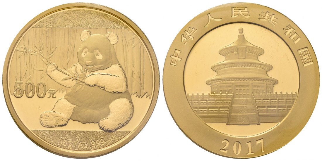 PEUS 7032 China Volksrepublik 30 g Feingold. Sitzender Panda Bär 500 Yuan GOLD 2017 Uncirculated (eingeschweißt)