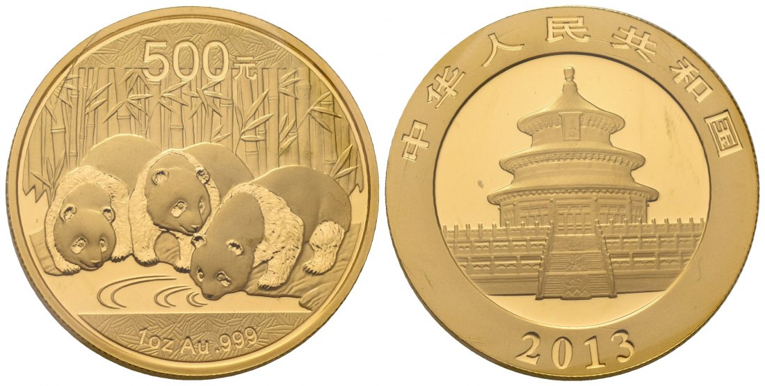 PEUS 7033 China 31,1 g Feingold. Drei Pandas am Ufer 500 Yuan GOLD Unze 2013 Uncirculated (eingschweißt)