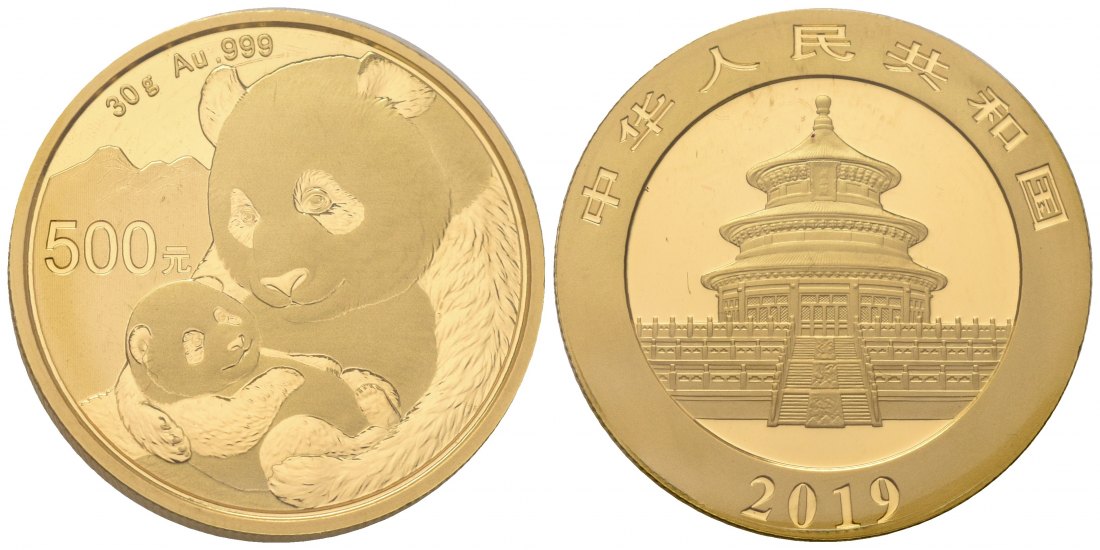 PEUS 7034 China Volksrepublik 30 g Feingold. Sitzender Panda mit Kind 500 Yuan GOLD 2019 Uncirculated (eingeschweißt)