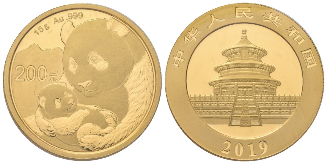 PEUS 7038 China Volksrepublik 15 g Feingold. Sitzender Panda mit Kind 200 Yuan GOLD 2019 Uncirculated (eingeschweißt)
