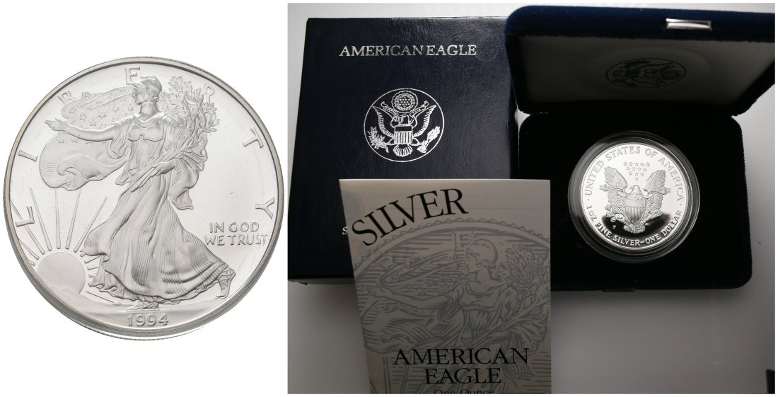 PEUS 7244 USA 31,1 g Feinsilber. American Eagle mit Etui, Verpackung + Zertifikat Dollar SILBER Unze 1994 P Proof (Kapsel)