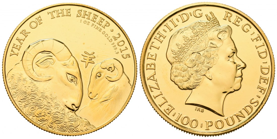 PEUS 7100 UK Großbritannien 31,1 g Feingold. Lunar Serie - Jahr der Ziege 100 Pounds GOLD Unze 2015 Uncirculated