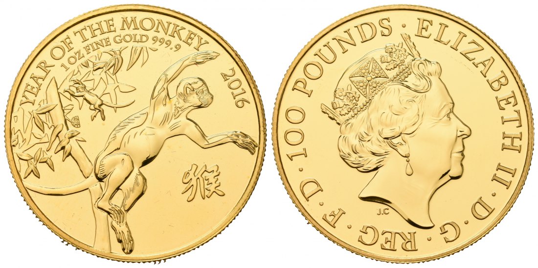 PEUS 7101 UK Großbritannien 31,1 g Feingold. Lunar Serie - Jahr des Affen 100 Pounds GOLD Unze 2016 Uncirculated