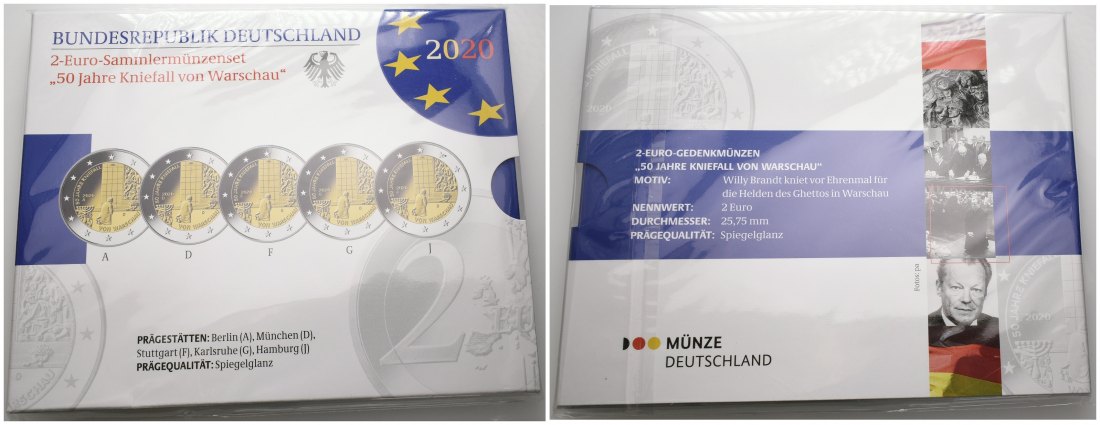 PEUS 7245 BRD Insg. 10,00 Euro. 50 Jahre Kniefall von Warschau 2 Euro Gedenkmünzenset (5 Münzen) 2020 A,D,F,G,J Spiegelglanz