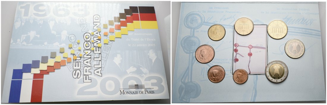 PEUS 7246 BRD / Frankreich 3,88 Euro in Verpackung. 40 Jahre Elysée-Vertrag Euro-KMS Satz (8 Münzen) 2003 Uncirculated
